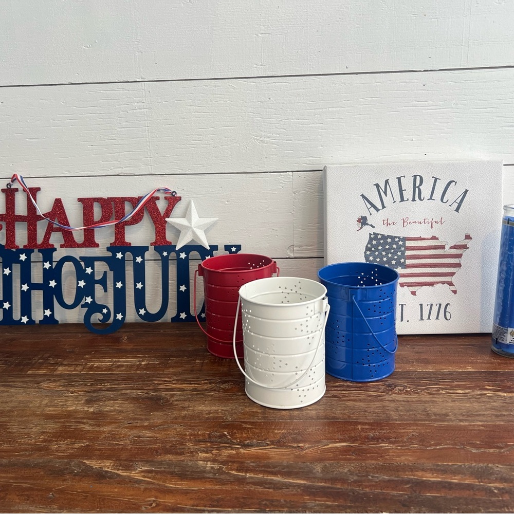 Red, White, and Blue Decorative Buckets and signs